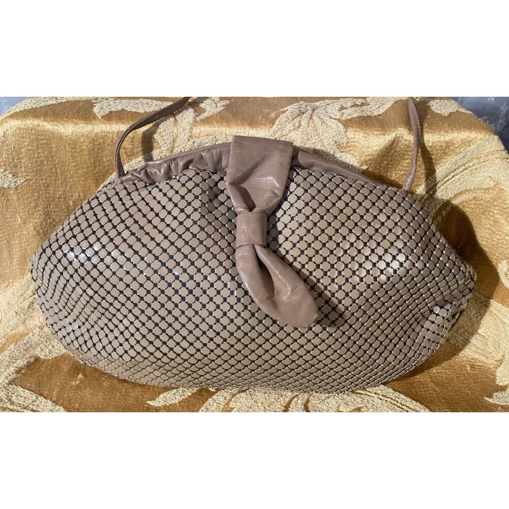 Vintage 80s Gold Mesh Purse Evening Bag Taupe Bow Retro Glam Cocktail Handbag